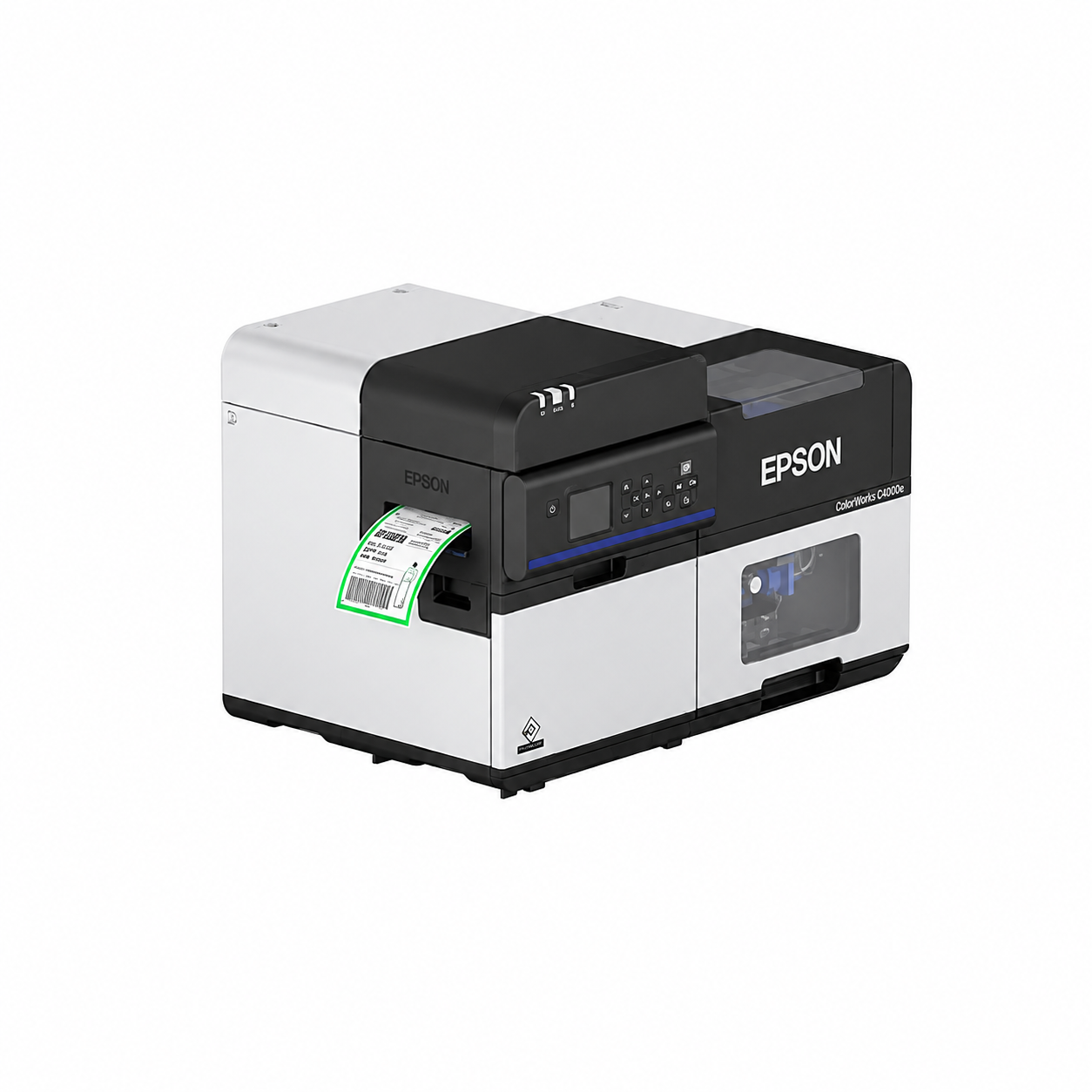 Epson ColorWorks CW-C8000e (MK) Colour Label Printer angled rear view showing industrial chassis and media handling design.
