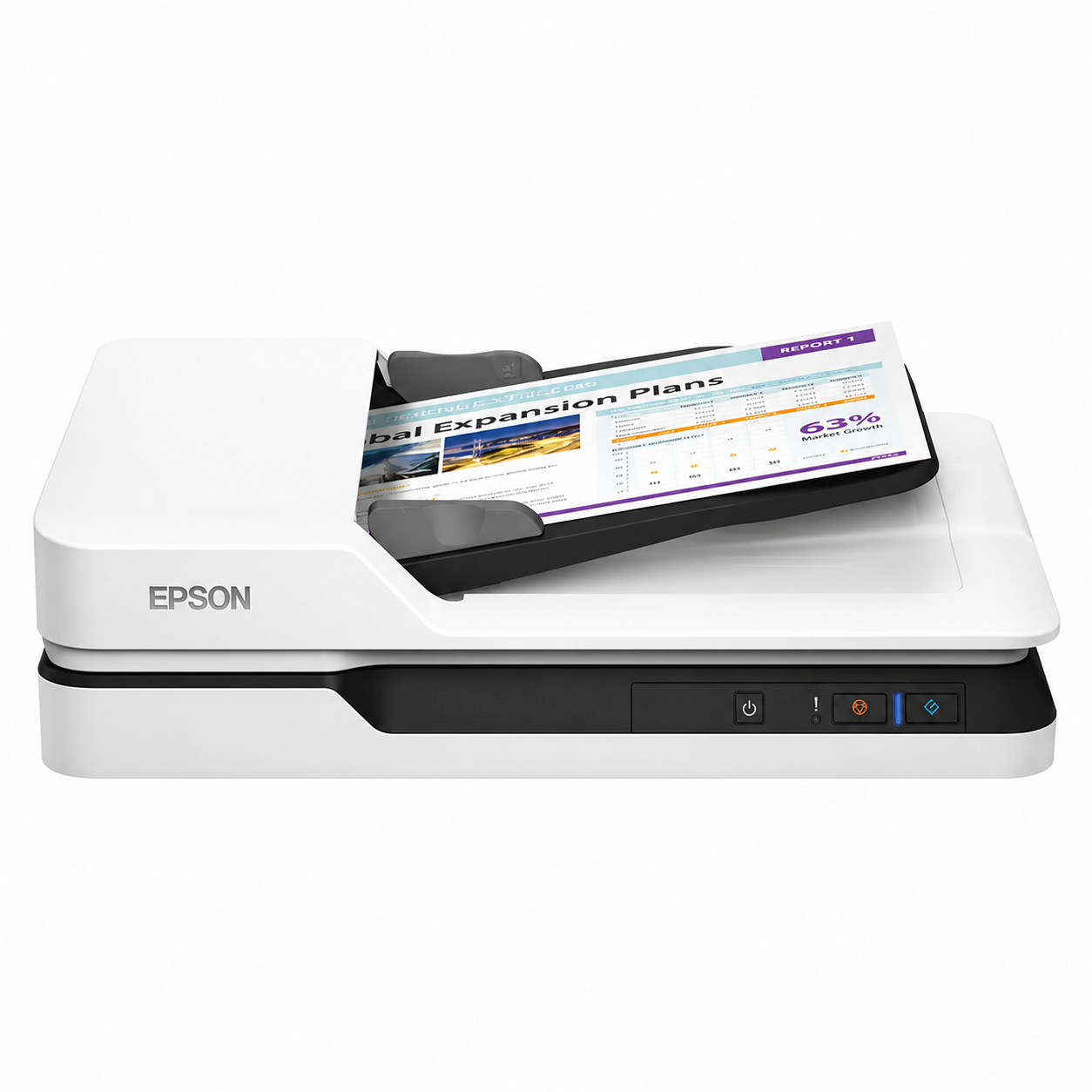 Epson WorkForce DS-1630 document scanner scanning a color document through the automatic feeder