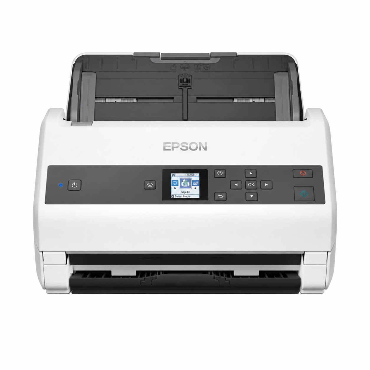 Epson sheet-fed document scanner front view showing the LCD control panel and automatic document feeder