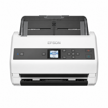Epson sheet-fed document scanner front view showing the LCD control panel and automatic document feeder