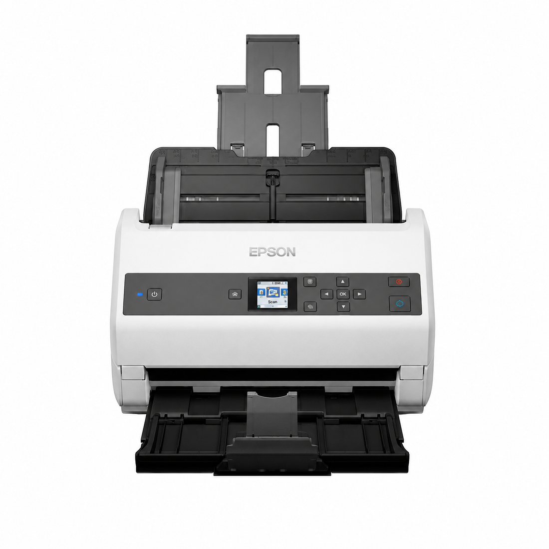 Epson sheet-fed document scanner front view showing the LCD control panel and automatic document feeder