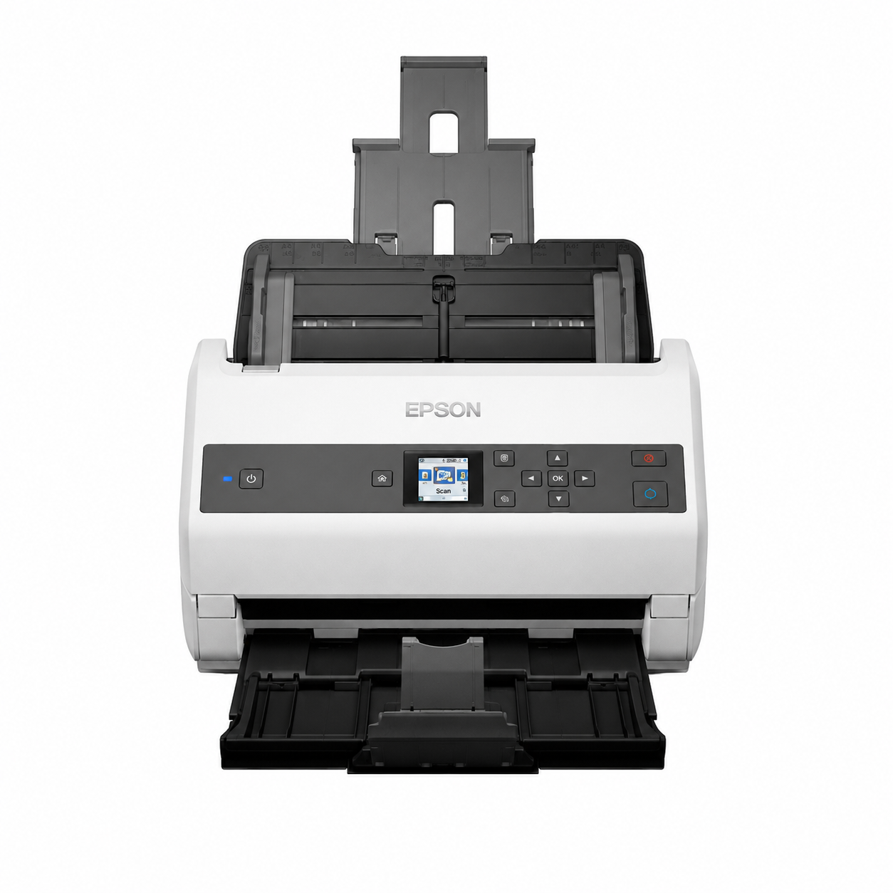 Epson document scanner front view with the input and output trays open
