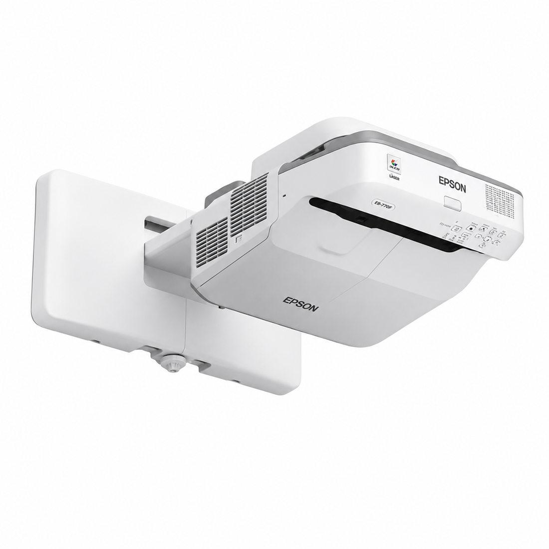 Epson ultra-short-throw projector front view showing the lens cover, control panel and ventilation grille