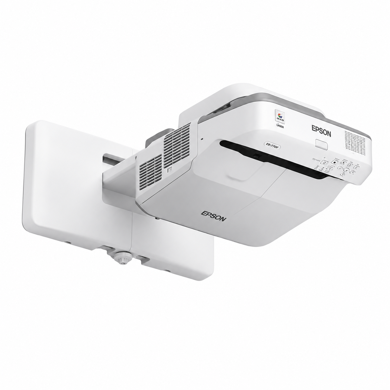 Epson ultra-short-throw projector angled view installed on a wall-mount bracket