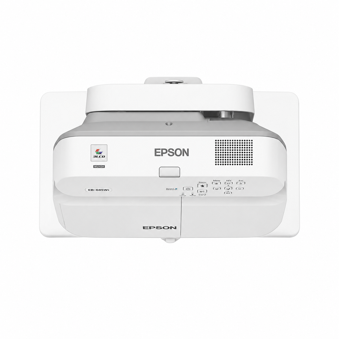 Epson ultra-short-throw projector front view showing the lens cover, control panel and ventilation grille