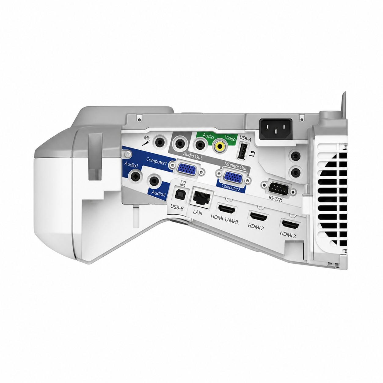 Epson ultra-short-throw projector rear view showing the connection ports and ventilation area