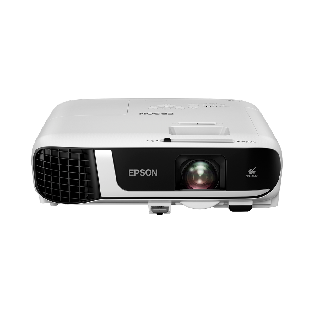 Epson EB-FH52 Full HD wireless projector top view in white showing the control panel, lens area and compact 3LCD projector design.