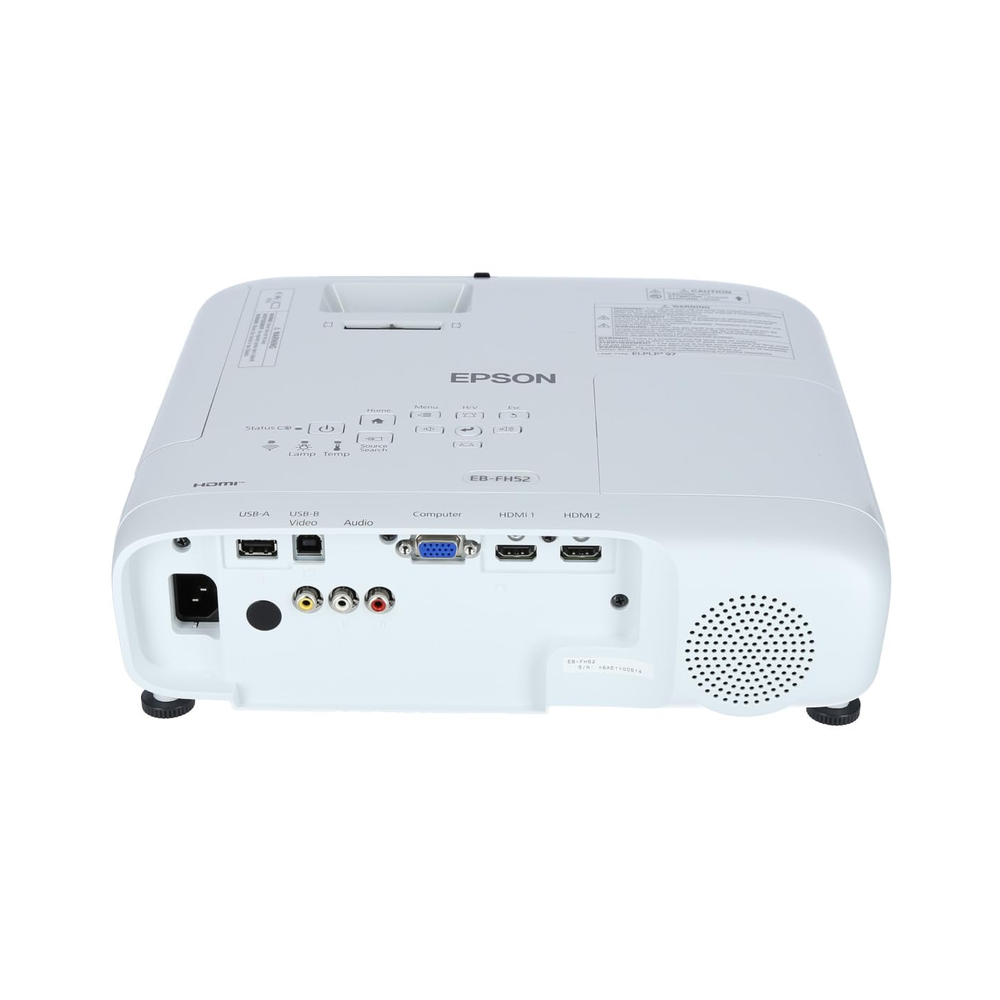 Close-up of Epson EB-FH52 Full HD projector showing the lens, manual focus controls and 1.6× optical zoom adjustment.