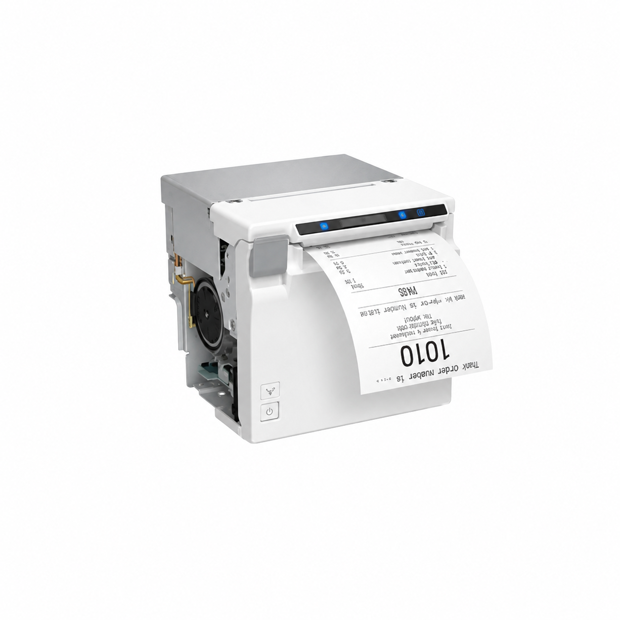 Epson EU-m30 (001) USB and Serial Thermal Receipt Printer White angled view printing a receipt for kiosk and self-service applications.