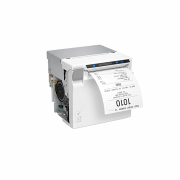 Epson EU-m30 (001) USB and Serial Thermal Receipt Printer White angled view printing a receipt for kiosk and self-service applications.