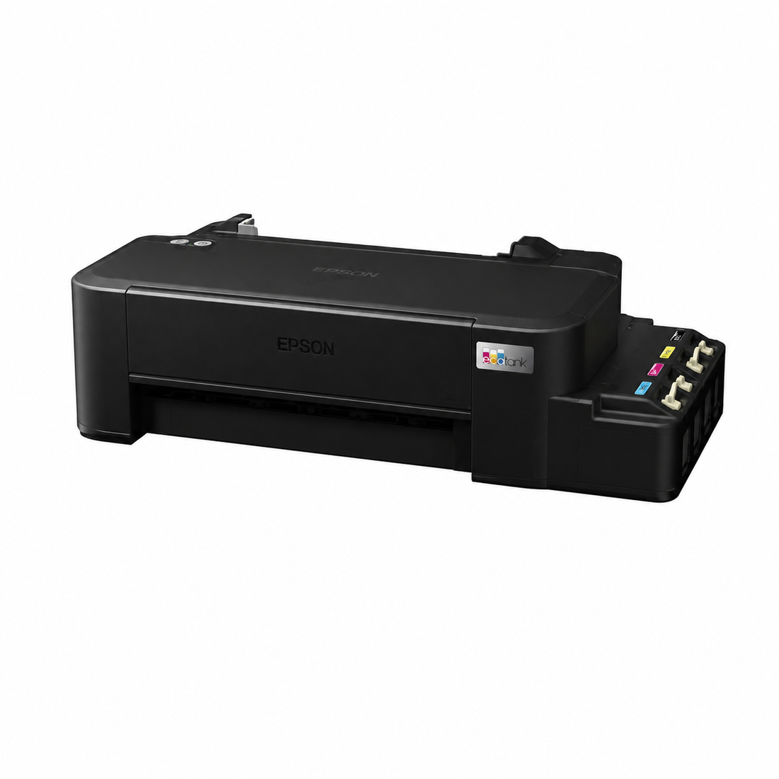 Epson EcoTank L121 A4 Colour Ink Tank Printer angled front view showing compact design and refillable ink tanks.