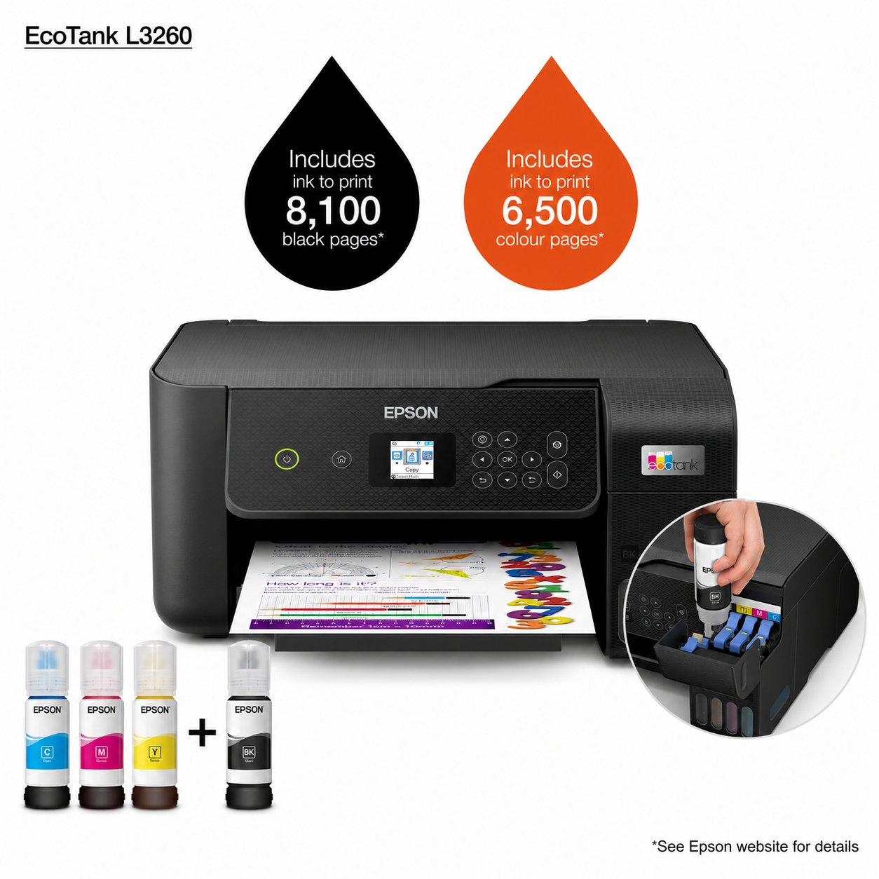 Epson EcoTank L3260 Wireless All-in-One Ink Tank Printer with LCD Screen and Print Scan Copy Functions