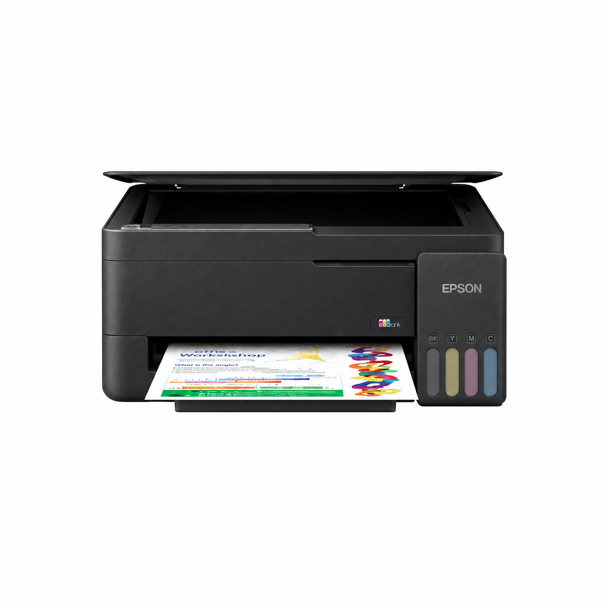 Epson EcoTank L3350 A4 Multifunction Wi-Fi Ink Tank Printer front view showing scanner lid, control panel and refillable ink tanks.
