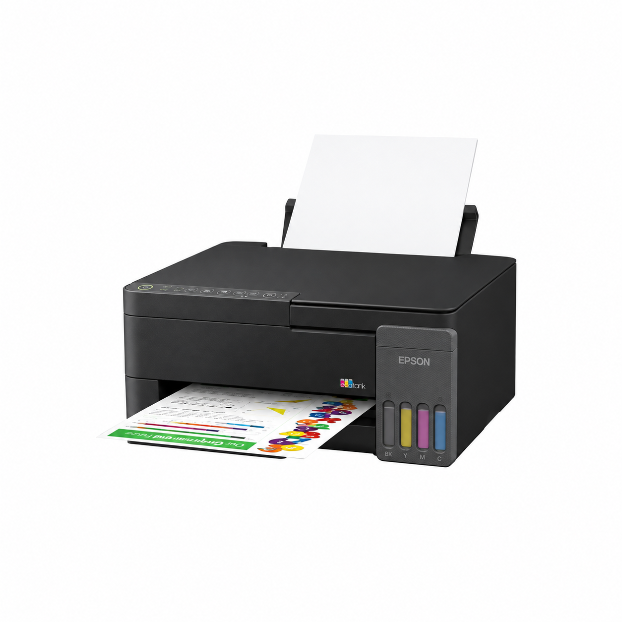 Epson EcoTank L3350 Wi-Fi Ink Tank Printer angled front view printing a color document with paper loaded in the rear tray.