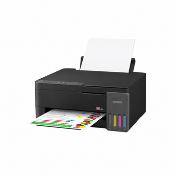 Epson EcoTank L3350 Wi-Fi Ink Tank Printer angled front view printing a color document with paper loaded in the rear tray.