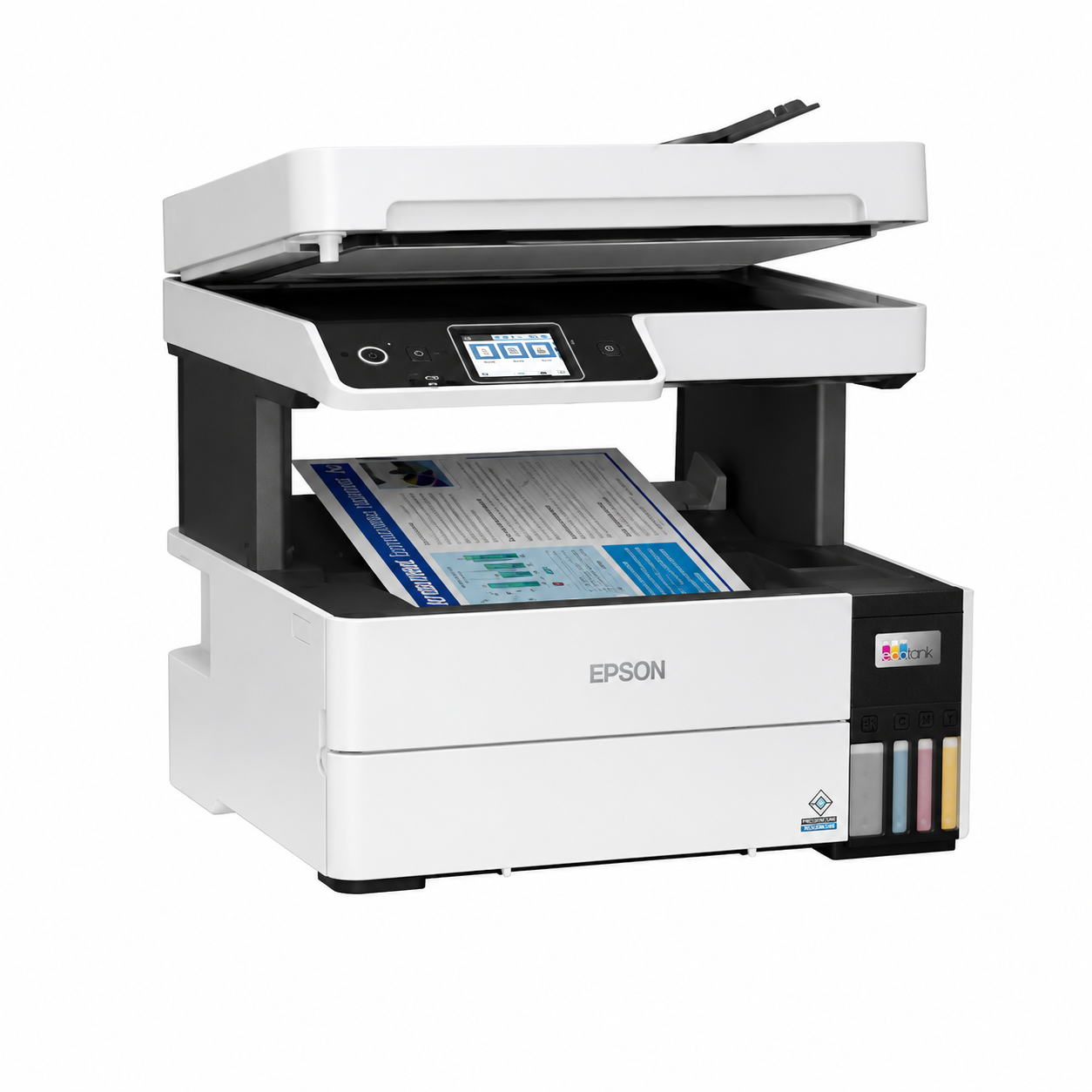 Epson EcoTank L6490 Multifunction Printer angled view showing ADF, touchscreen and front ink tank system.