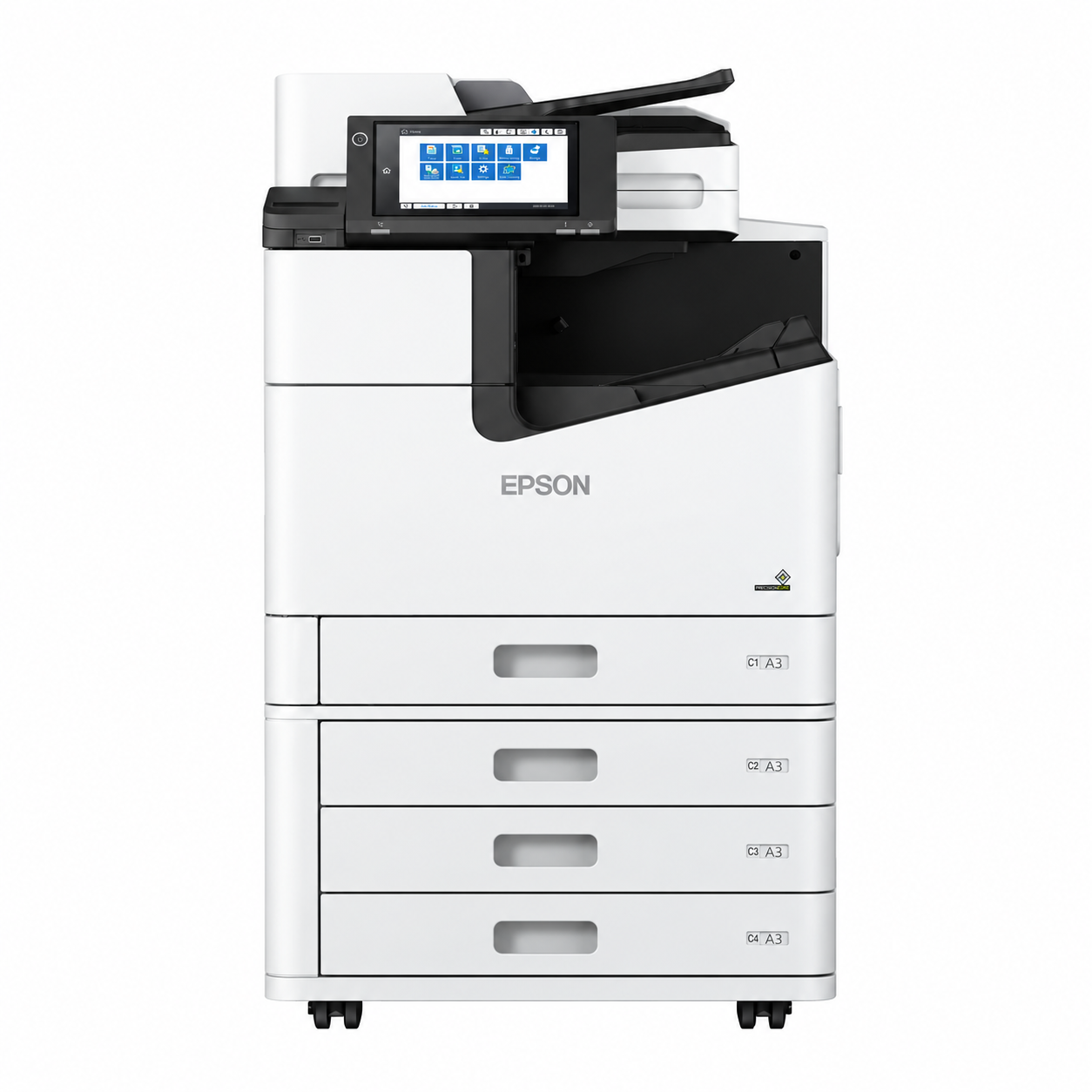 Epson WorkForce Enterprise WF-C21000 D4TW A3+ colour multifunction printer front view showing touchscreen, ADF and four high-capacity paper drawers.