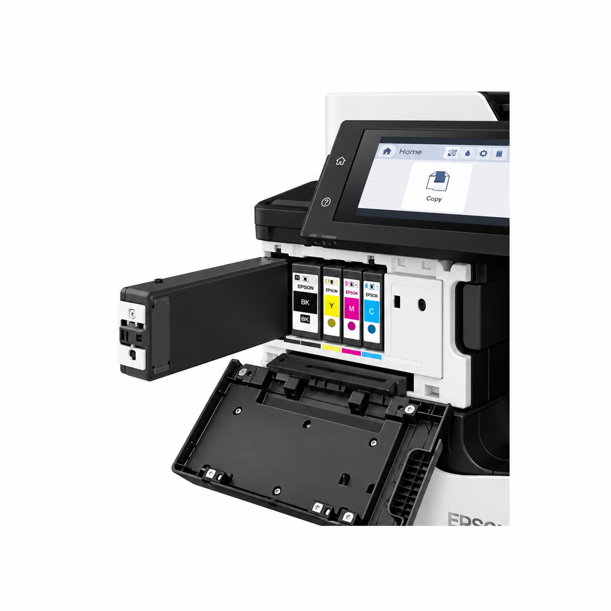 Epson WorkForce Enterprise WF-C21000 D4TW front service area close-up showing ink supply and internal maintenance access.