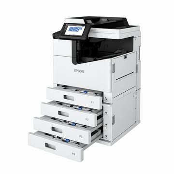 Epson WorkForce Enterprise WF-C21000 D4TW multifunction printer angled front view with multiple paper trays open.