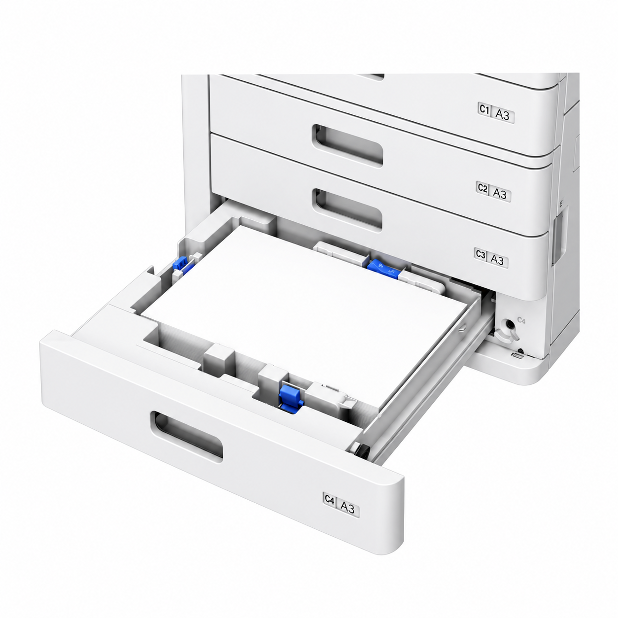 Epson WorkForce Enterprise WF-C21000 D4TW paper cassette close-up showing adjustable high-capacity paper handling.