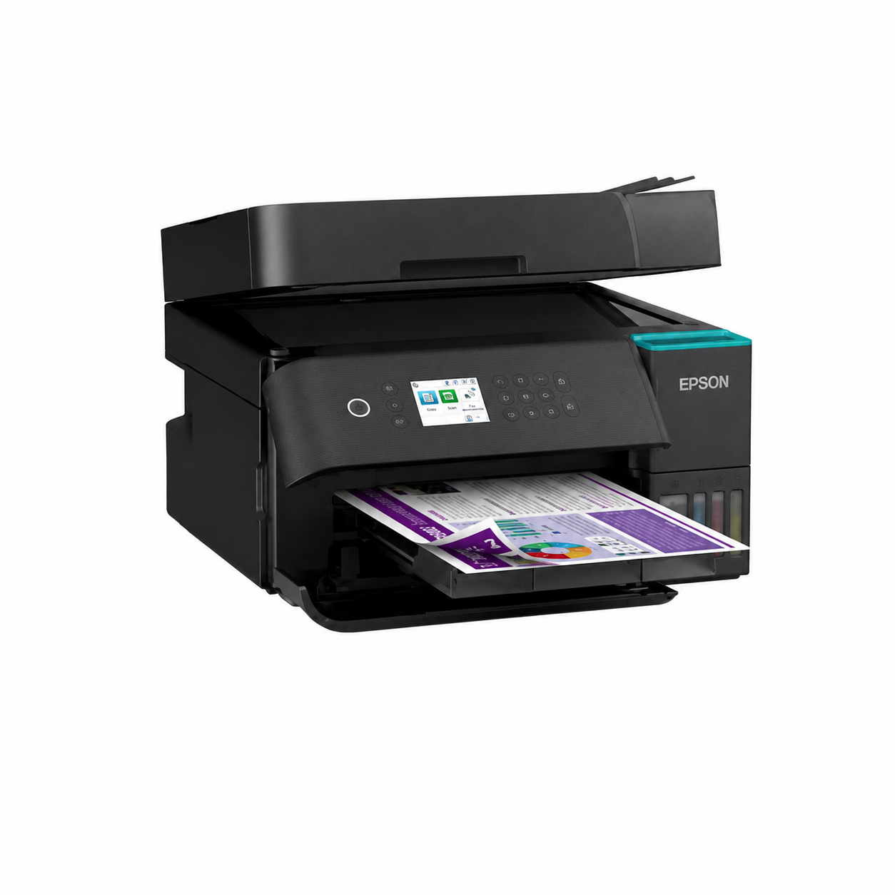 Epson EcoTank L6370 A4 Wi-Fi Printer angled front view printing a color document.