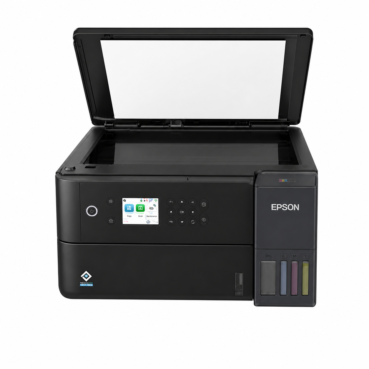 Epson EcoTank L6370 Multifunction Printer front view with flatbed scanner lid open.