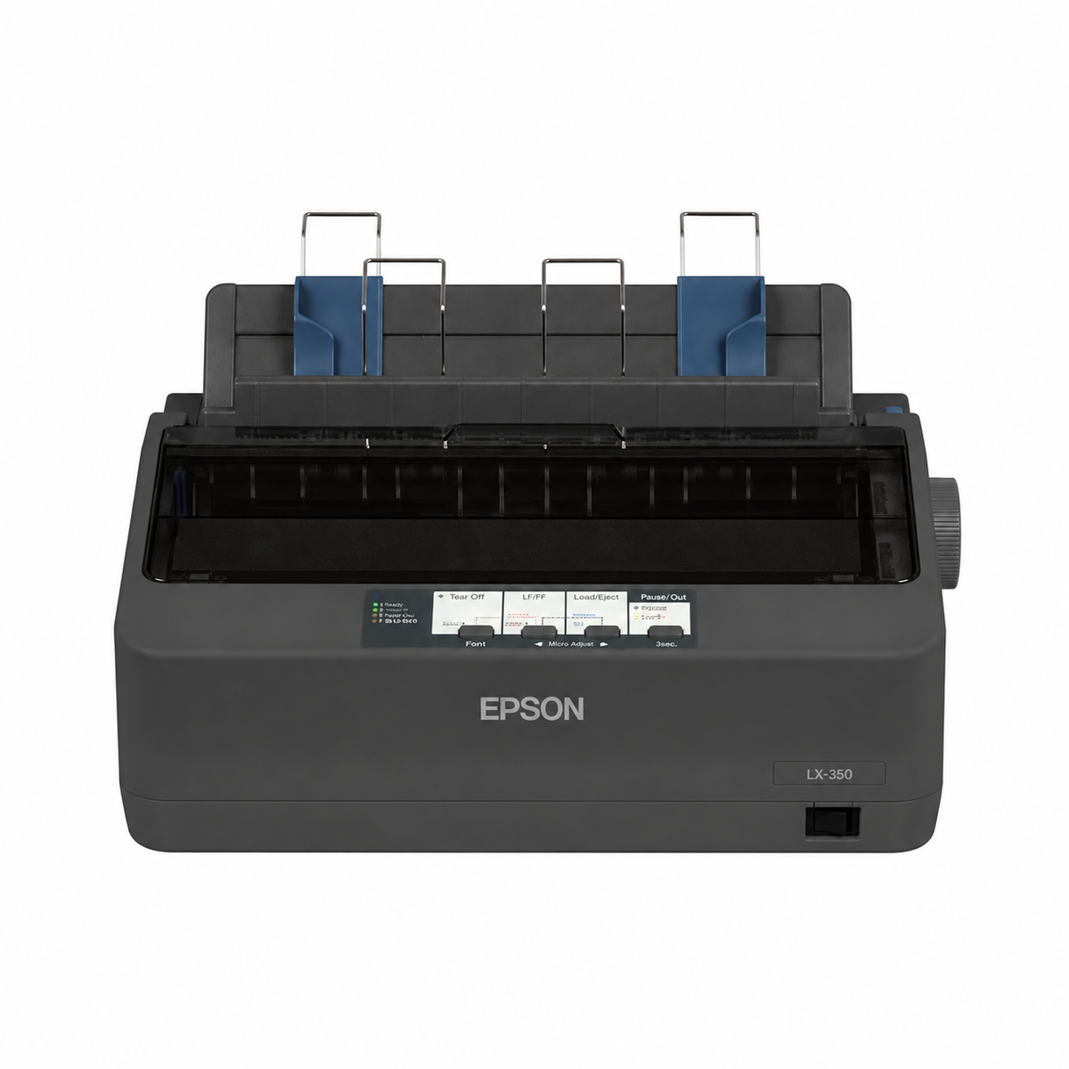 Epson LX-350 black dot matrix printer, front view with paper guides raised.
