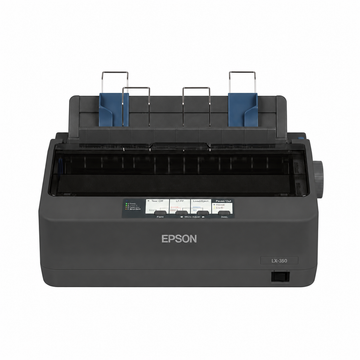 Epson LX-350 black dot matrix printer, front view with paper guides raised.