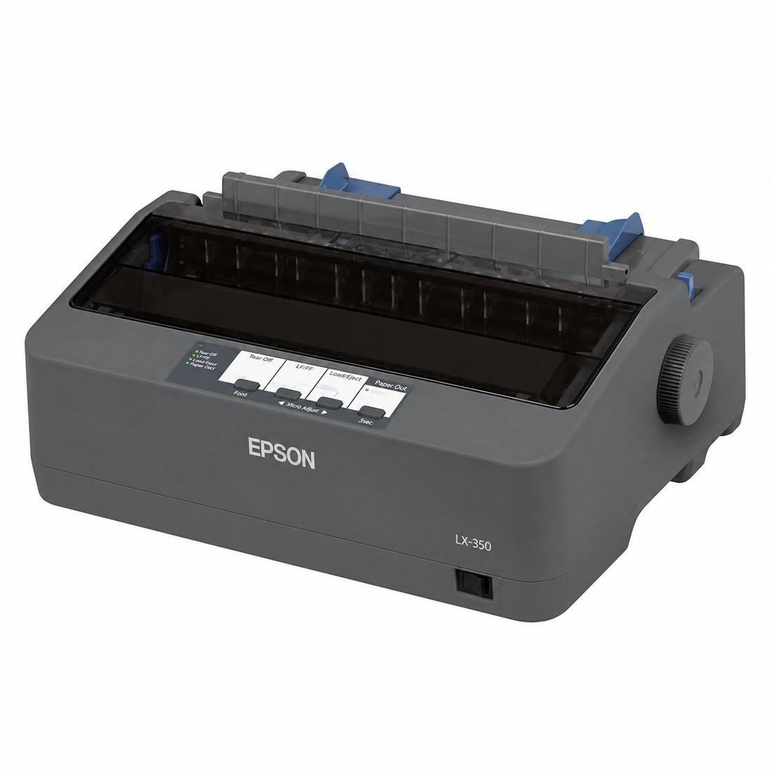 Epson LX-350 black dot matrix printer, front view with paper guides raised.