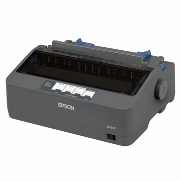 Epson LX-350 black dot matrix printer, angled front view showing the control panel.