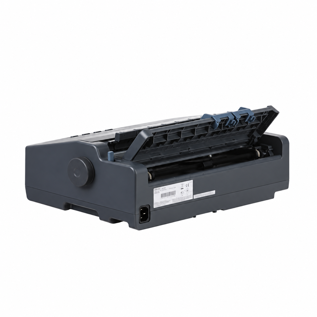 Epson LX-350 black dot matrix printer, rear view with the paper feed cover open.