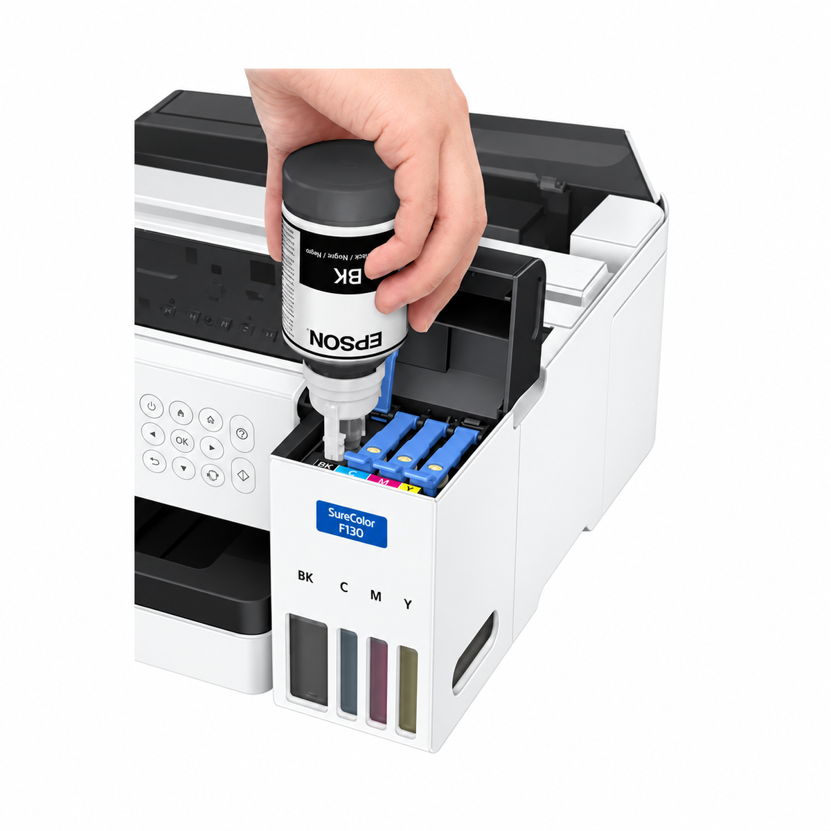 Close-up of Epson SureColor SC-F100 ink tanks being refilled with black ink.
