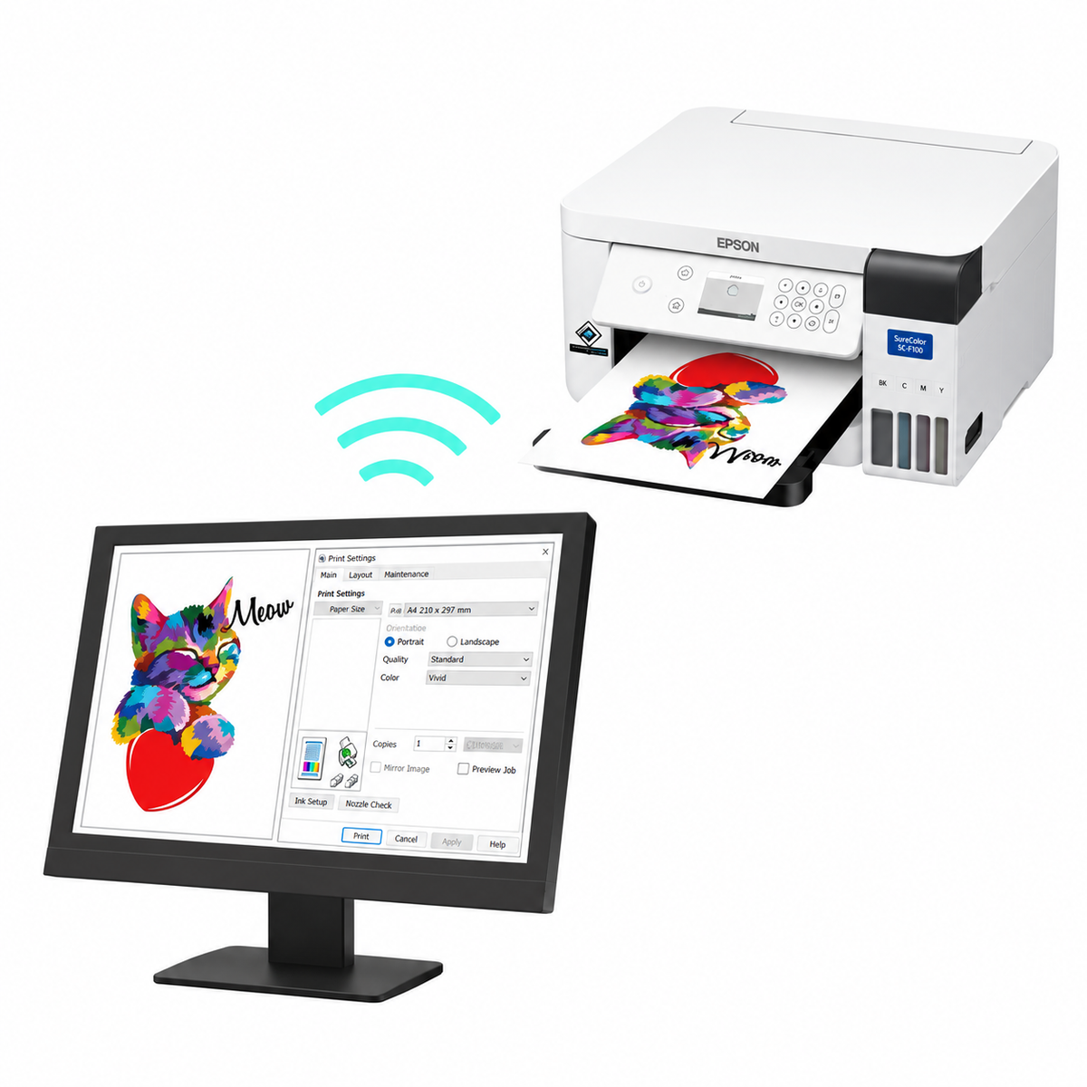 Epson SureColor SC-F100 wireless printer connected to a computer displaying a colorful design.