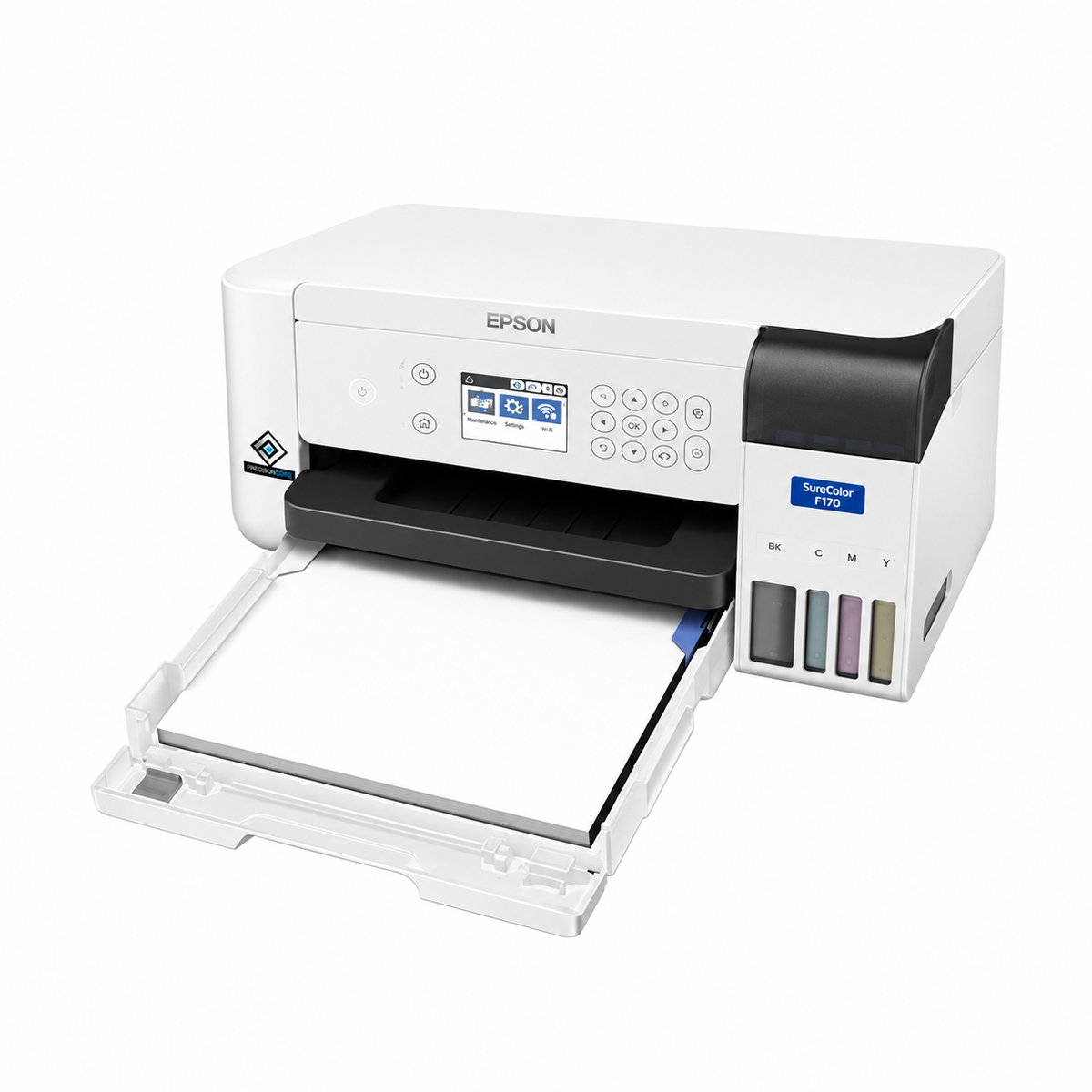 Epson SureColor SC-F100 white sublimation printer with open paper tray.