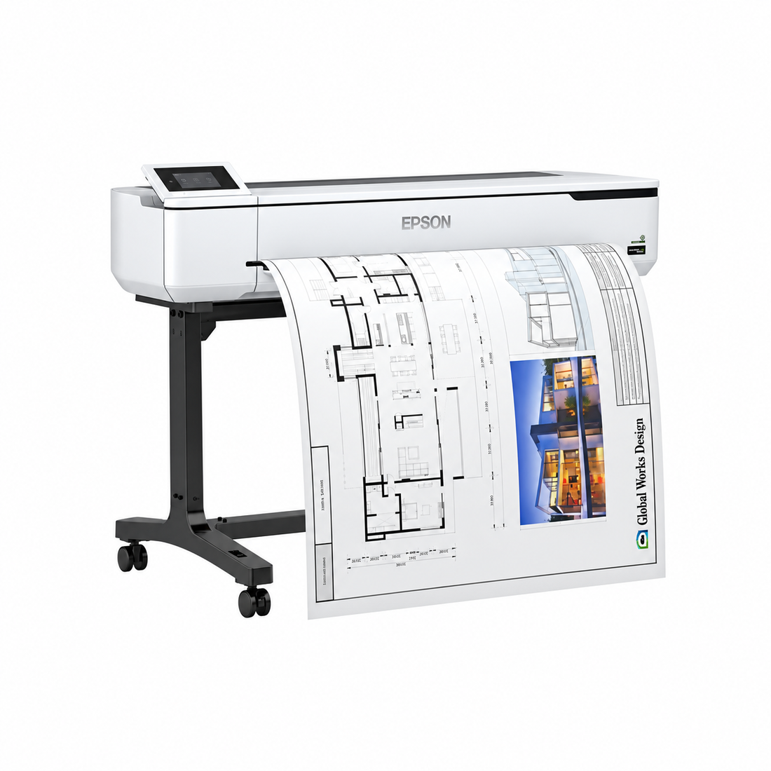Epson SureColor SC-T5100 36-inch A0 wireless large-format printer with stand printing architectural and CAD drawings.