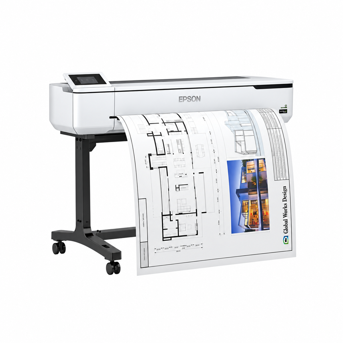 Epson SureColor SC-T5100 36-inch A0 wireless large-format printer with stand printing architectural and CAD drawings.