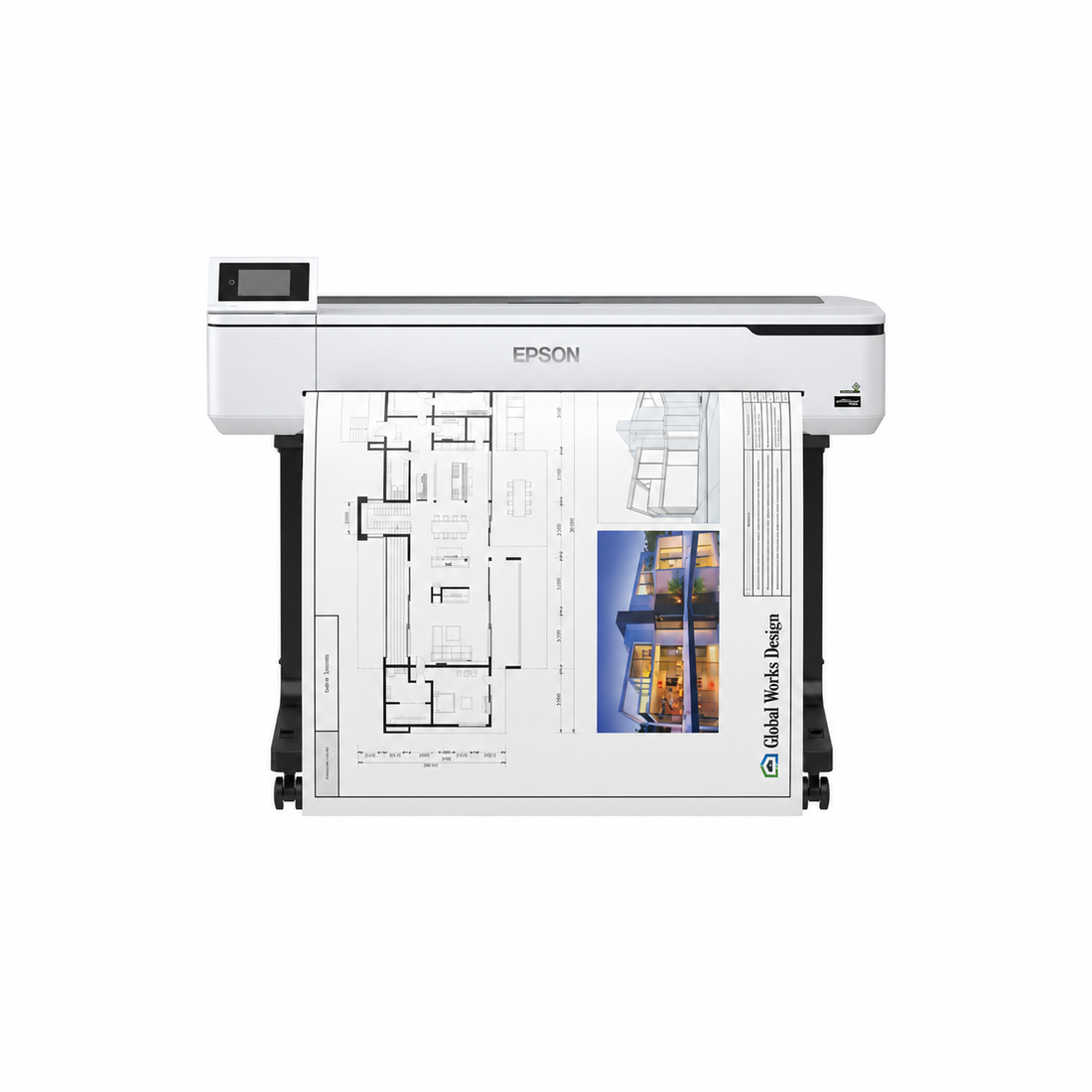 Epson SureColor SC-T5100 36-inch A0 wireless large-format printer with stand printing architectural and CAD drawings.