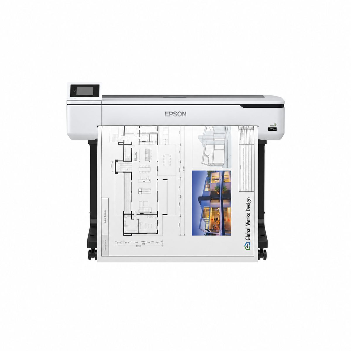 Epson SureColor SC-T5100 large-format printer front view showing wide-format technical drawing output.