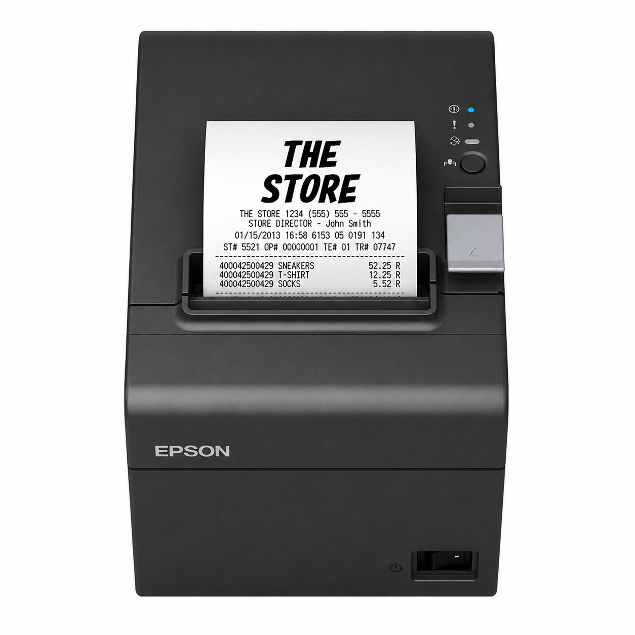 Epson TM-T20III Ethernet black receipt printer close-up showing the paper exit, control buttons and thermal printing area.