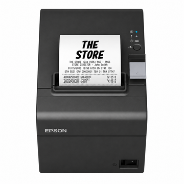 Epson TM-T20III Ethernet black receipt printer close-up showing the paper exit, control buttons and thermal printing area.