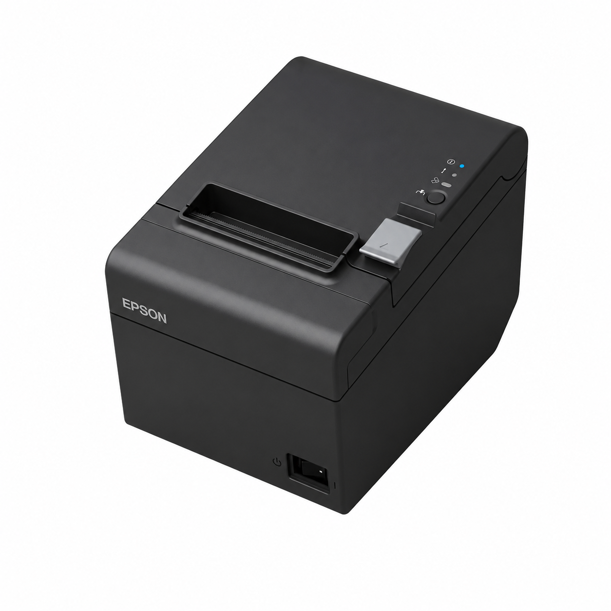 Epson TM-T20III Ethernet thermal receipt printer left-side view showing the black POS printer body for cashier counters.