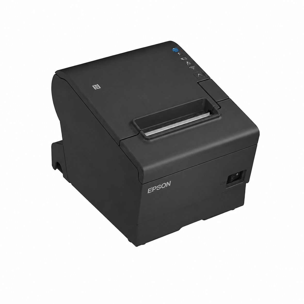 Epson TM-T88VII (112) black receipt printer close-up showing the paper exit, control buttons and thermal receipt printing area.