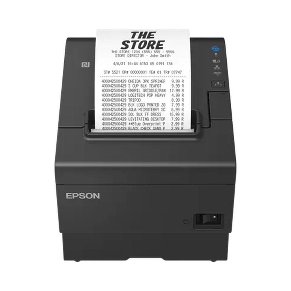 Epson TM-T88VII (112) black thermal POS receipt printer top view showing the compact receipt printer cover and control buttons.