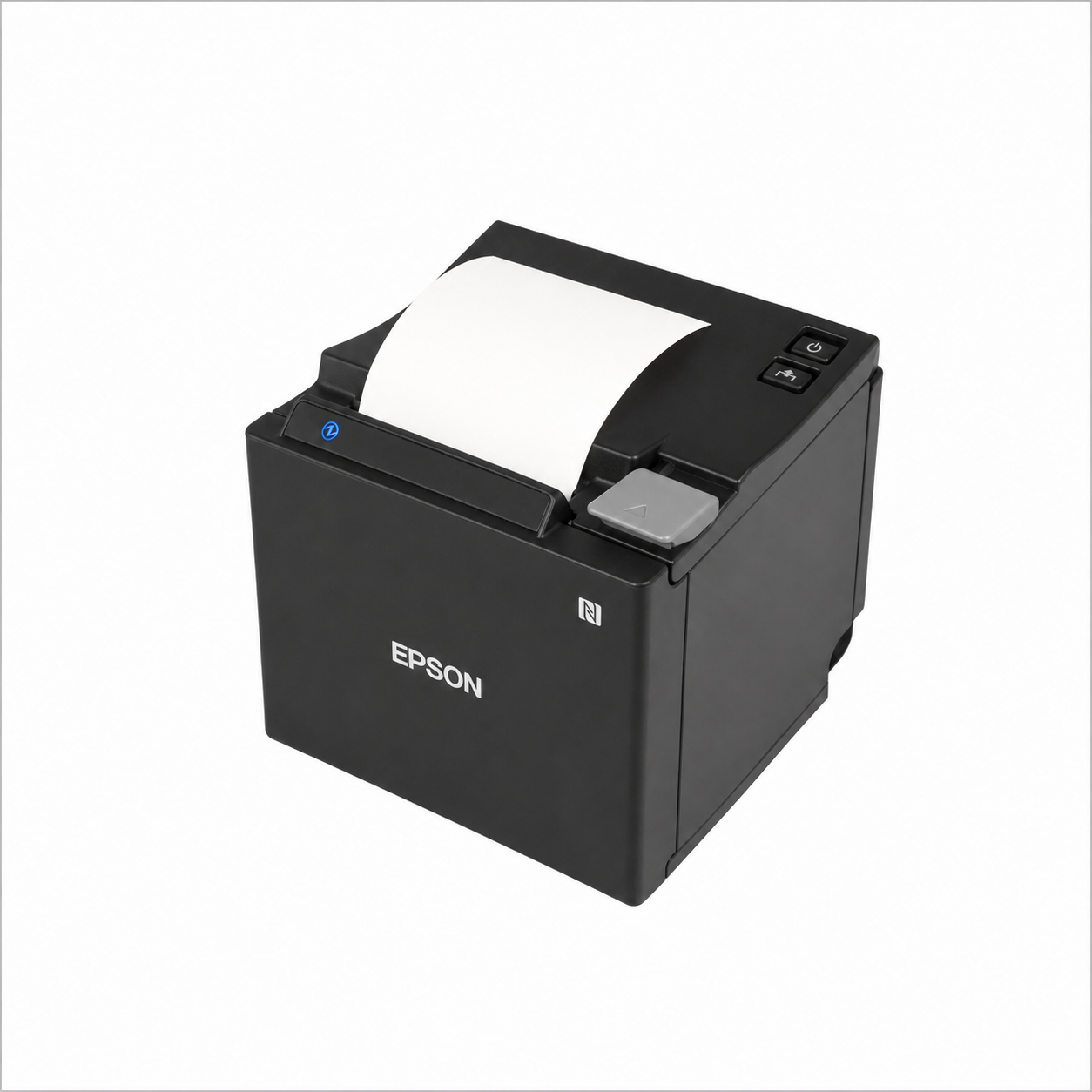 Epson TM-m10 (112) 58mm Thermal Receipt Printer angled view with paper roll loaded and receipt output slot.