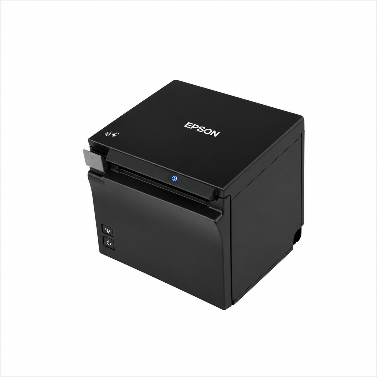 Epson TM-m30II (112) Black thermal receipt printer angled front view showing receipt output slot and compact cube design.