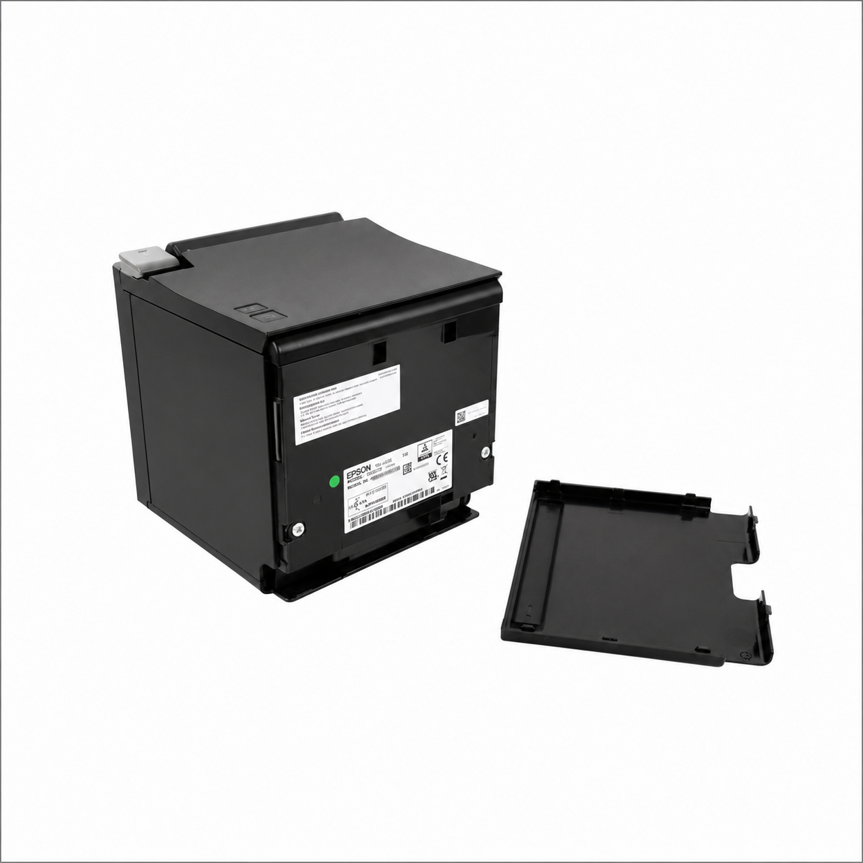 Epson TM-m30II (112) Black thermal POS receipt printer angled view showing paper compartment and removable cover.