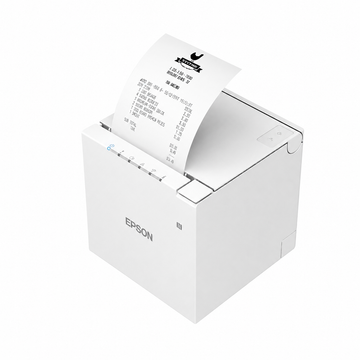 Epson TM-m30III-H (141) White thermal receipt printer angled view printing a receipt.