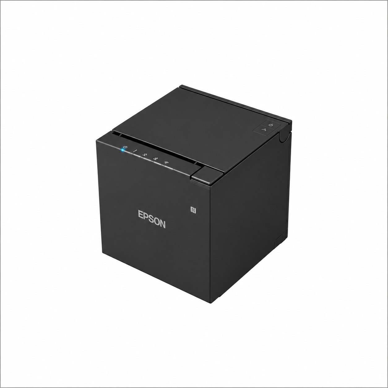 Epson TM-m30III-H (142) Black thermal receipt printer angled front view showing compact cube design.