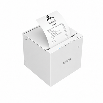 Epson TM-m30III (111A0) White thermal receipt printer angled view printing a receipt.