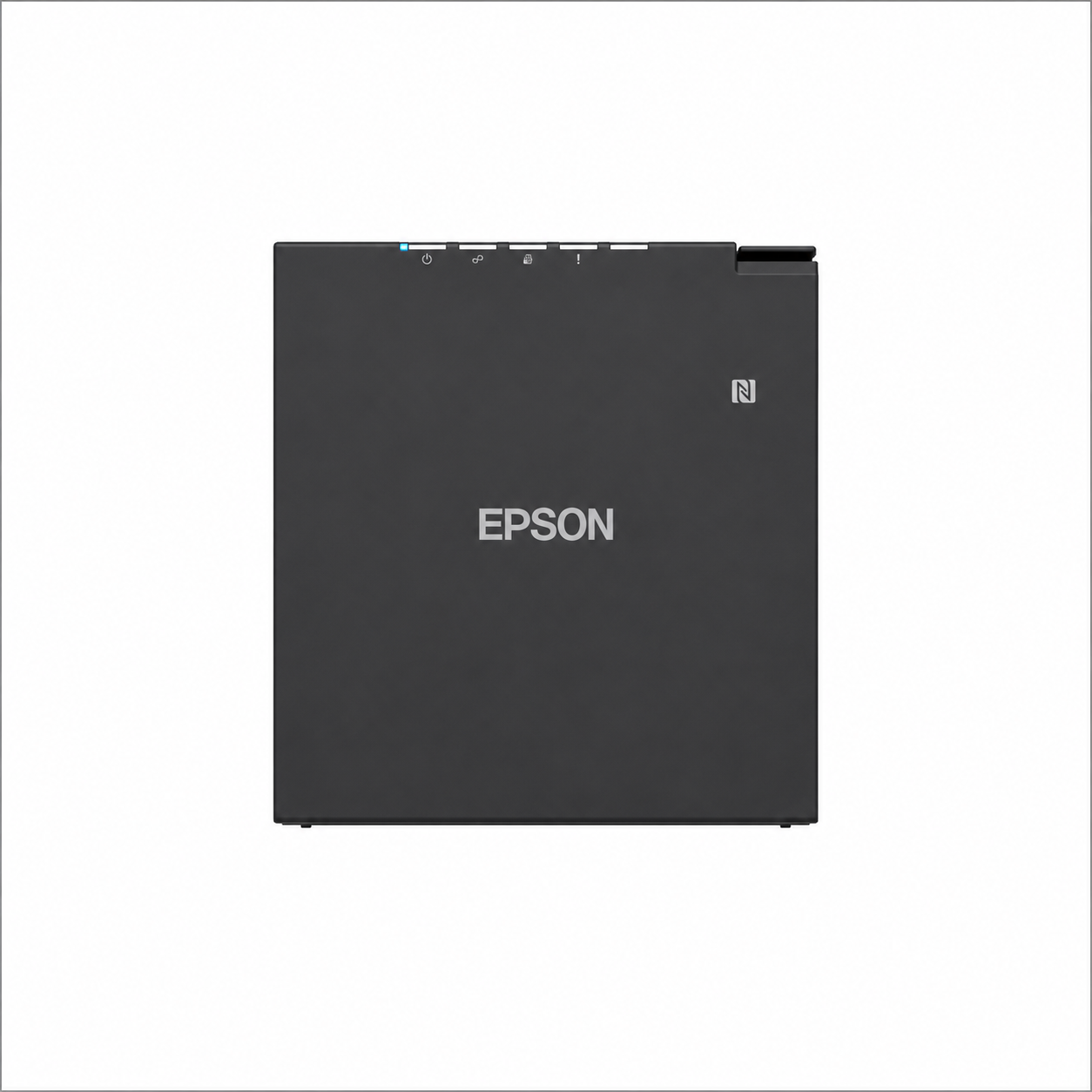Epson TM-m30III (112) Black thermal receipt printer angled front view with paper roll loaded.